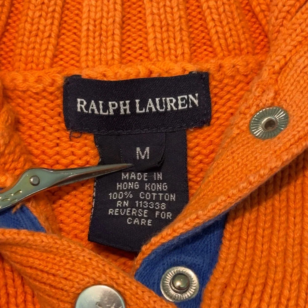 Ralph Lauren Sweater Orange Snap Neck Knit Pony Logo M Youth Preppy Cotton
